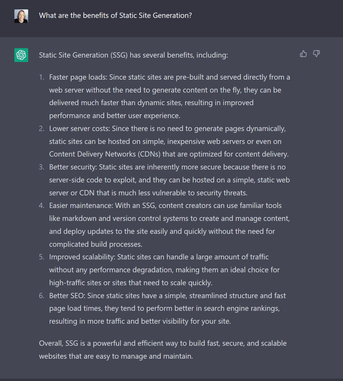 ChatGPT provides the benefits of Static-Site Generation